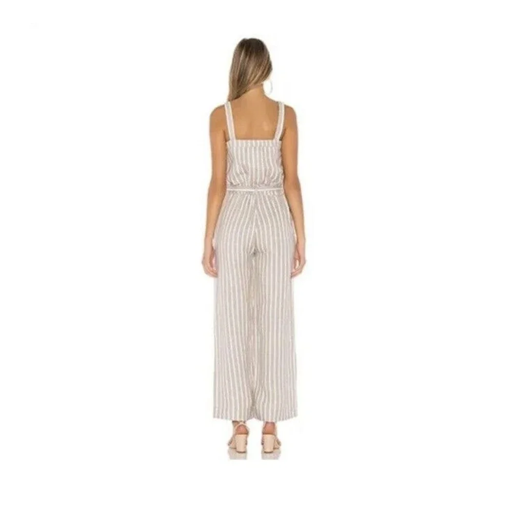Chaser Wide Leg Tie Waist Jumpsuit Tan, White‎ Stripe Extra Small NWT Miss Belt
